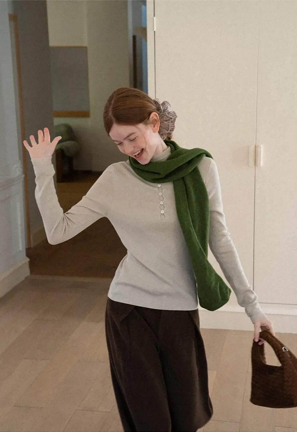 Button Placket High Neck Long Sleeve Knit Sweater
