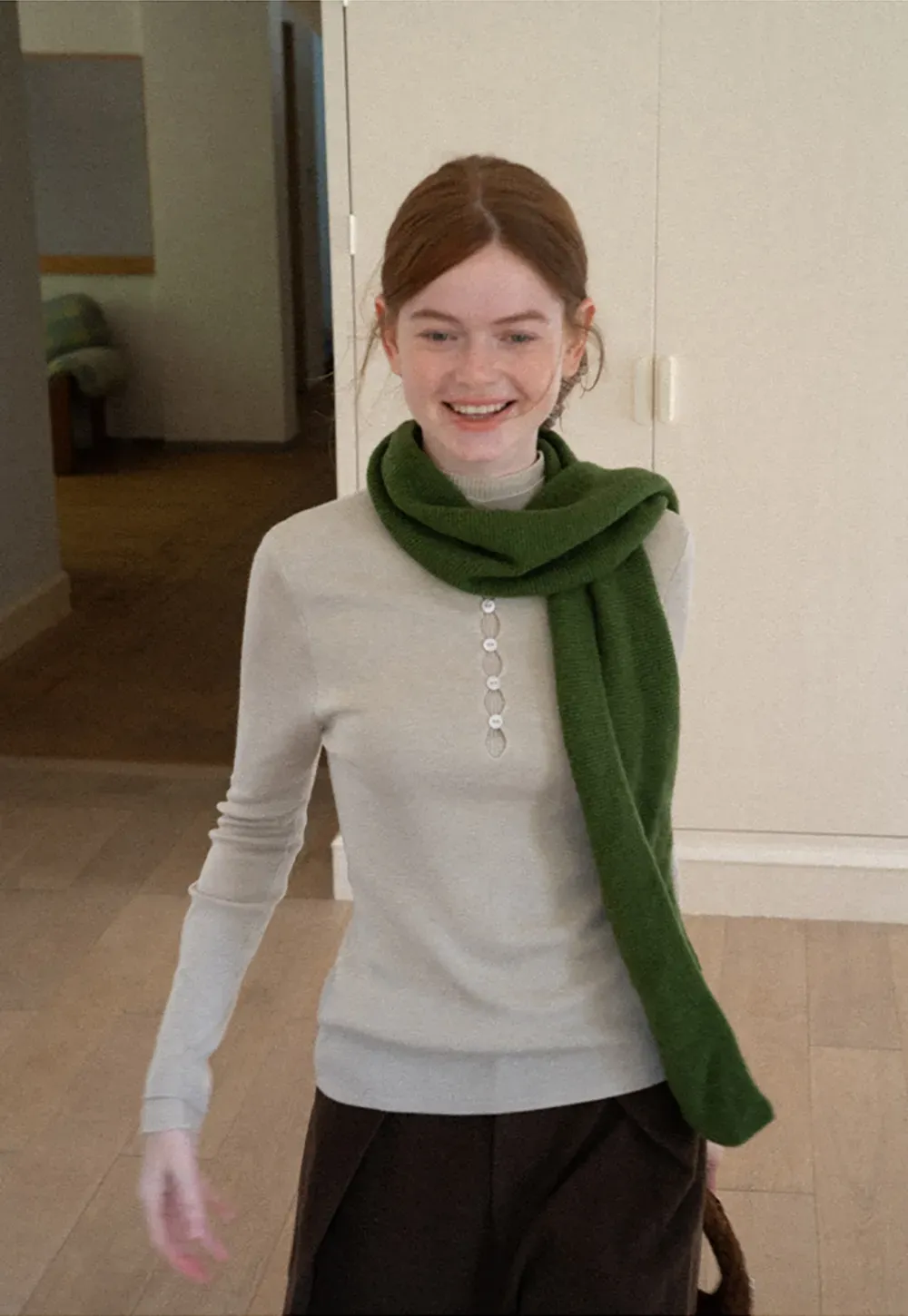 Button Placket High Neck Long Sleeve Knit Sweater