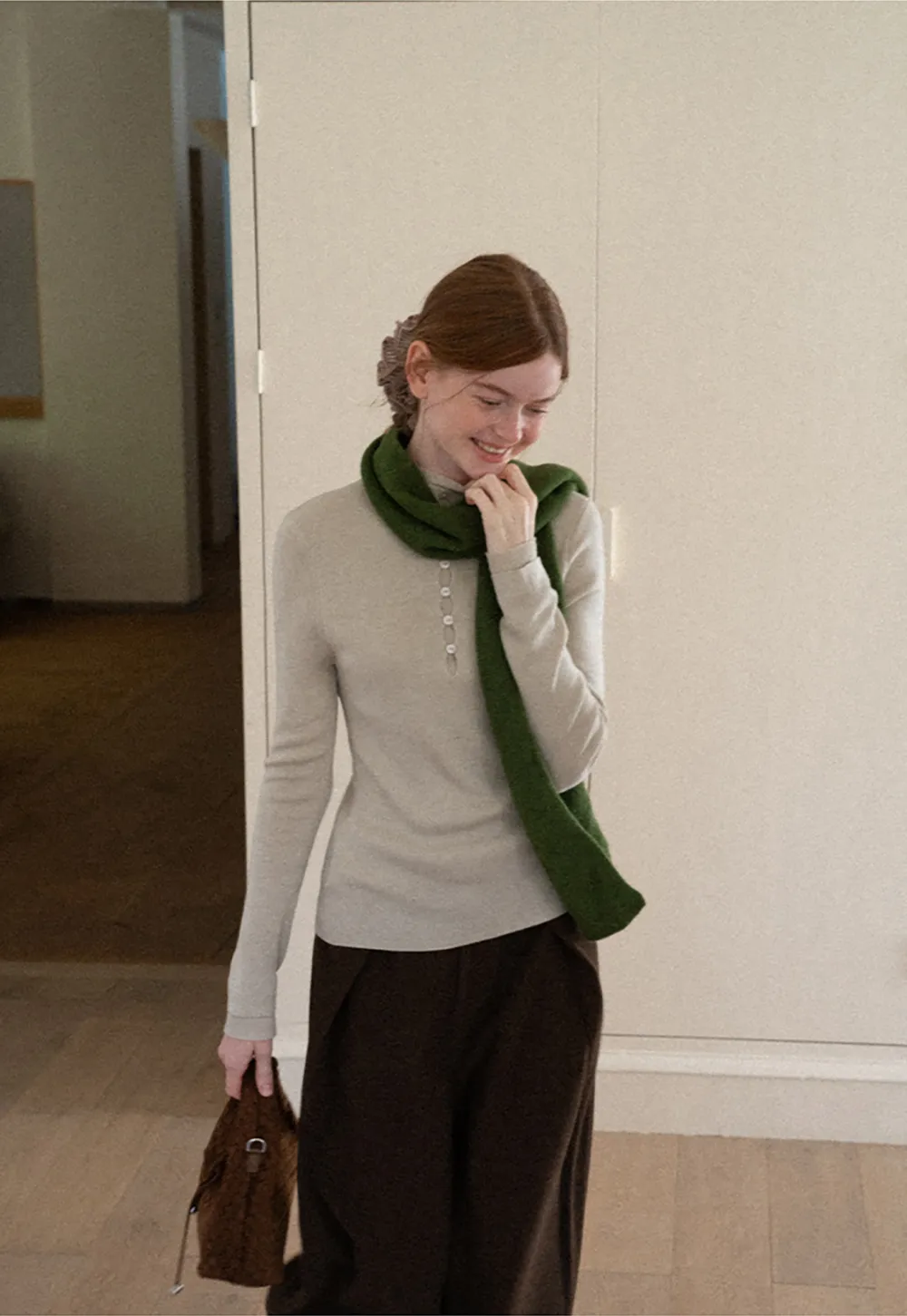 Button Placket High Neck Long Sleeve Knit Sweater