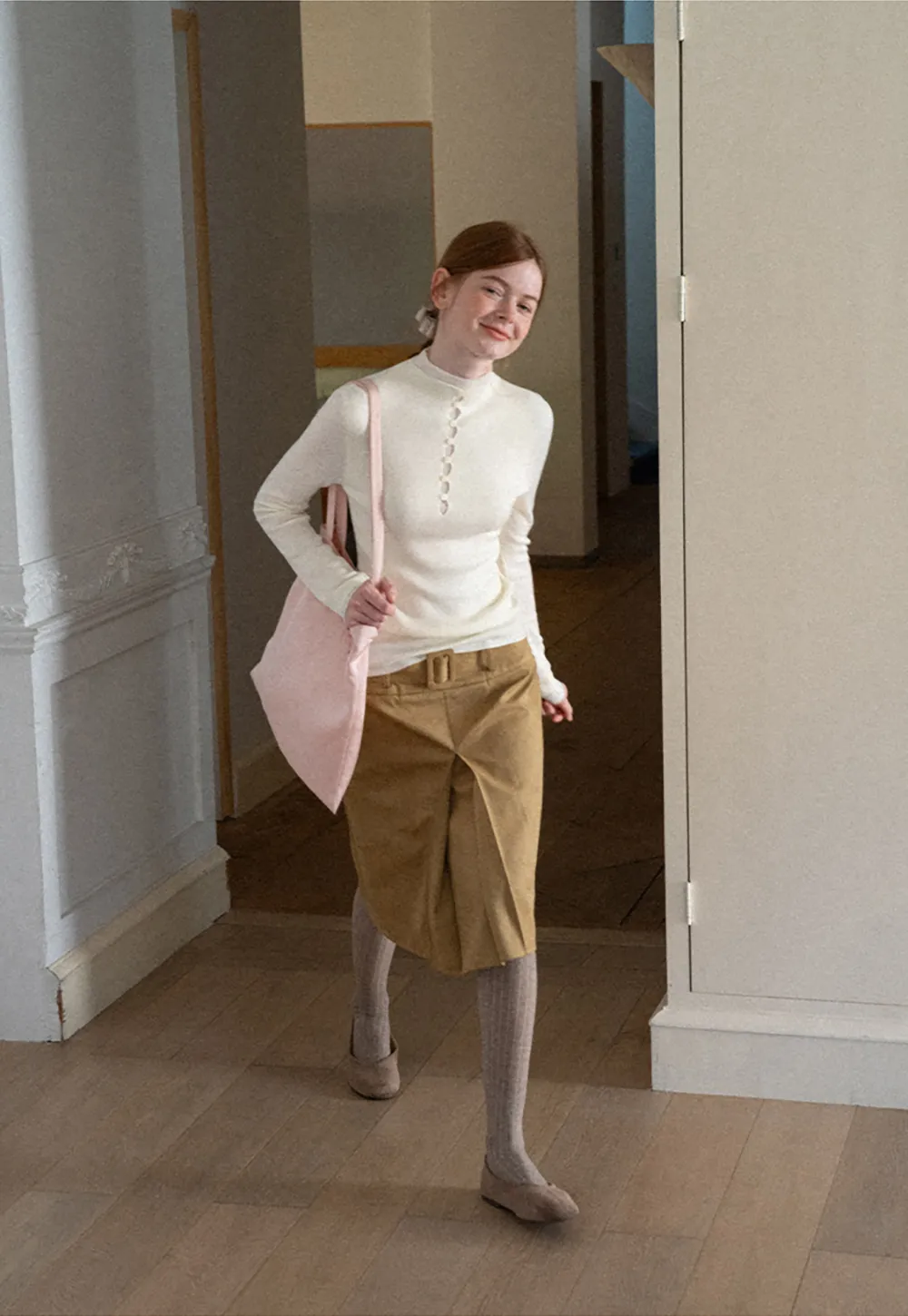 Button Placket High Neck Long Sleeve Knit Sweater