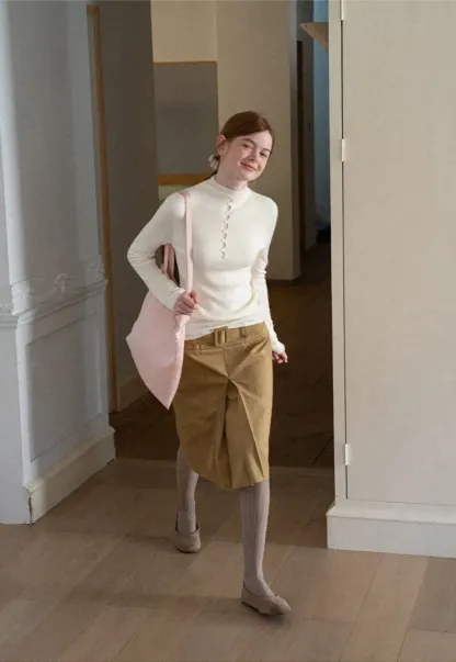 Button Placket High Neck Long Sleeve Knit Sweater