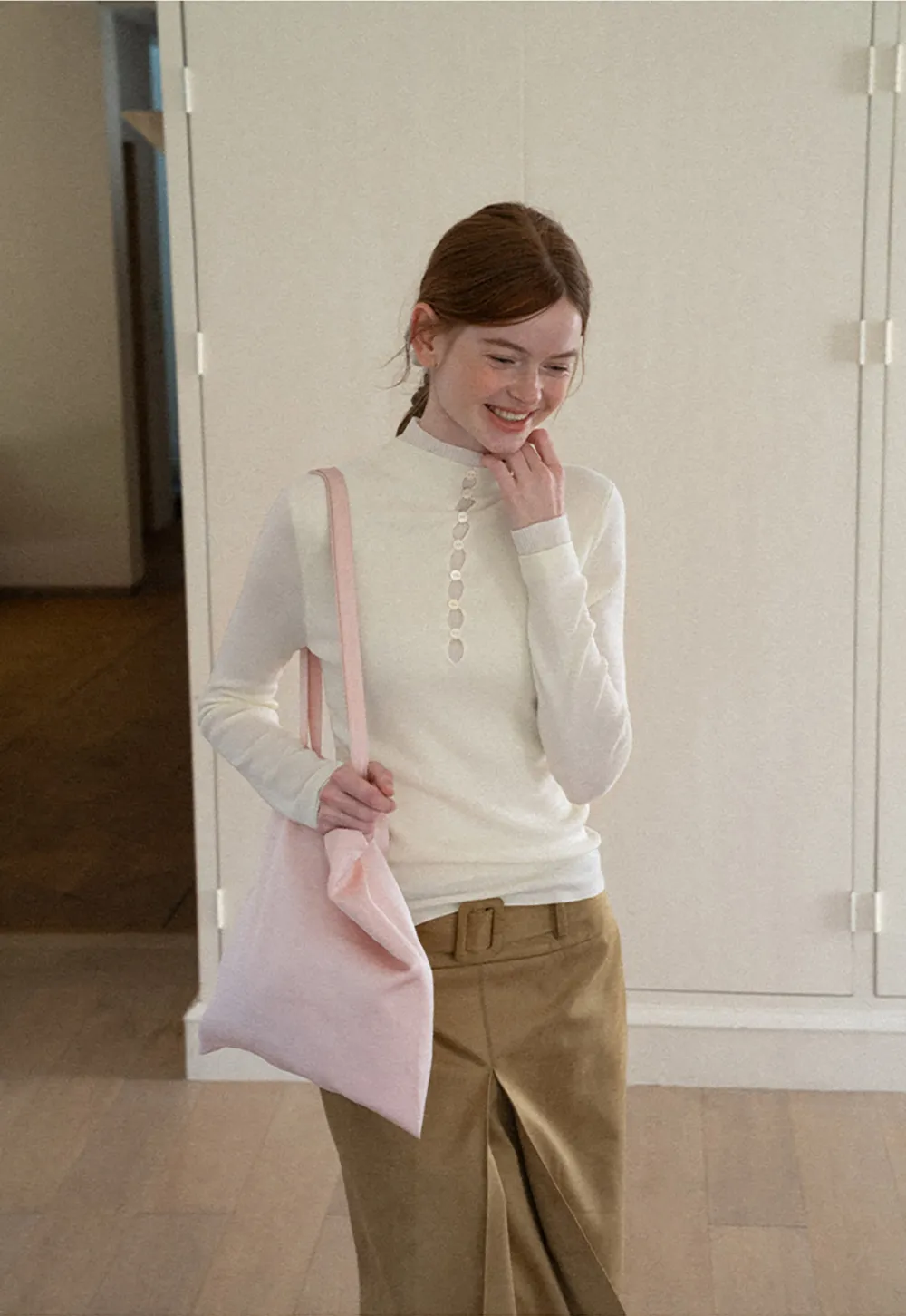 Button Placket High Neck Long Sleeve Knit Sweater
