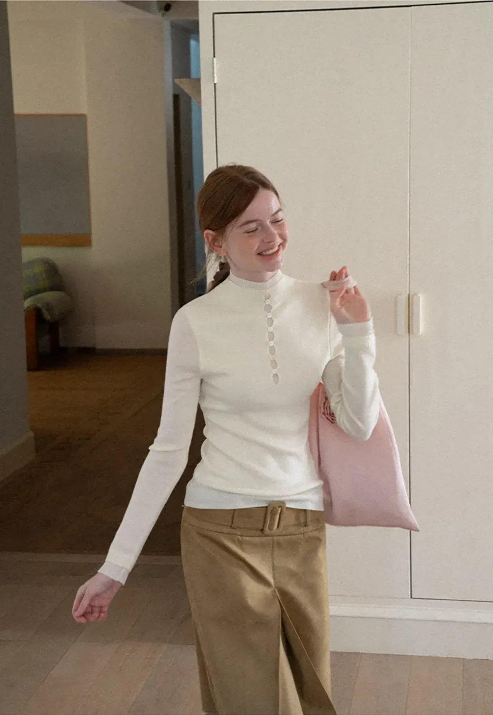 Button Placket High Neck Long Sleeve Knit Sweater