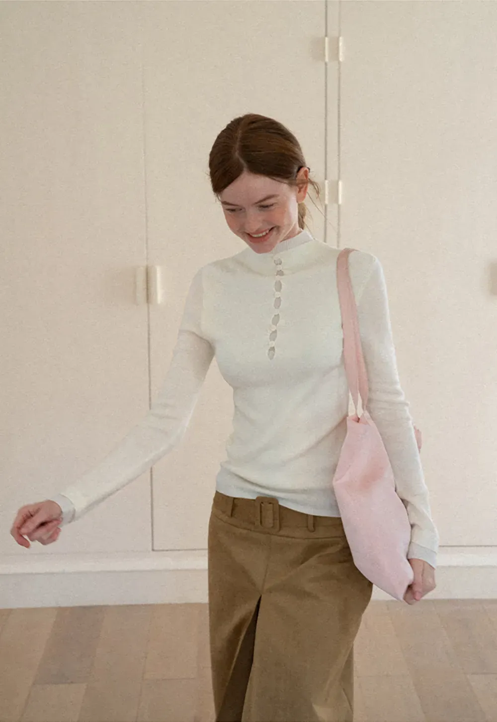 Button Placket High Neck Long Sleeve Knit Sweater