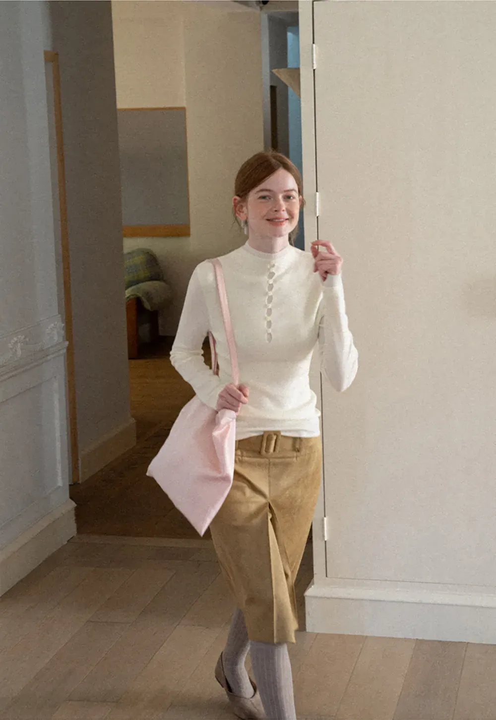 Button Placket High Neck Long Sleeve Knit Sweater