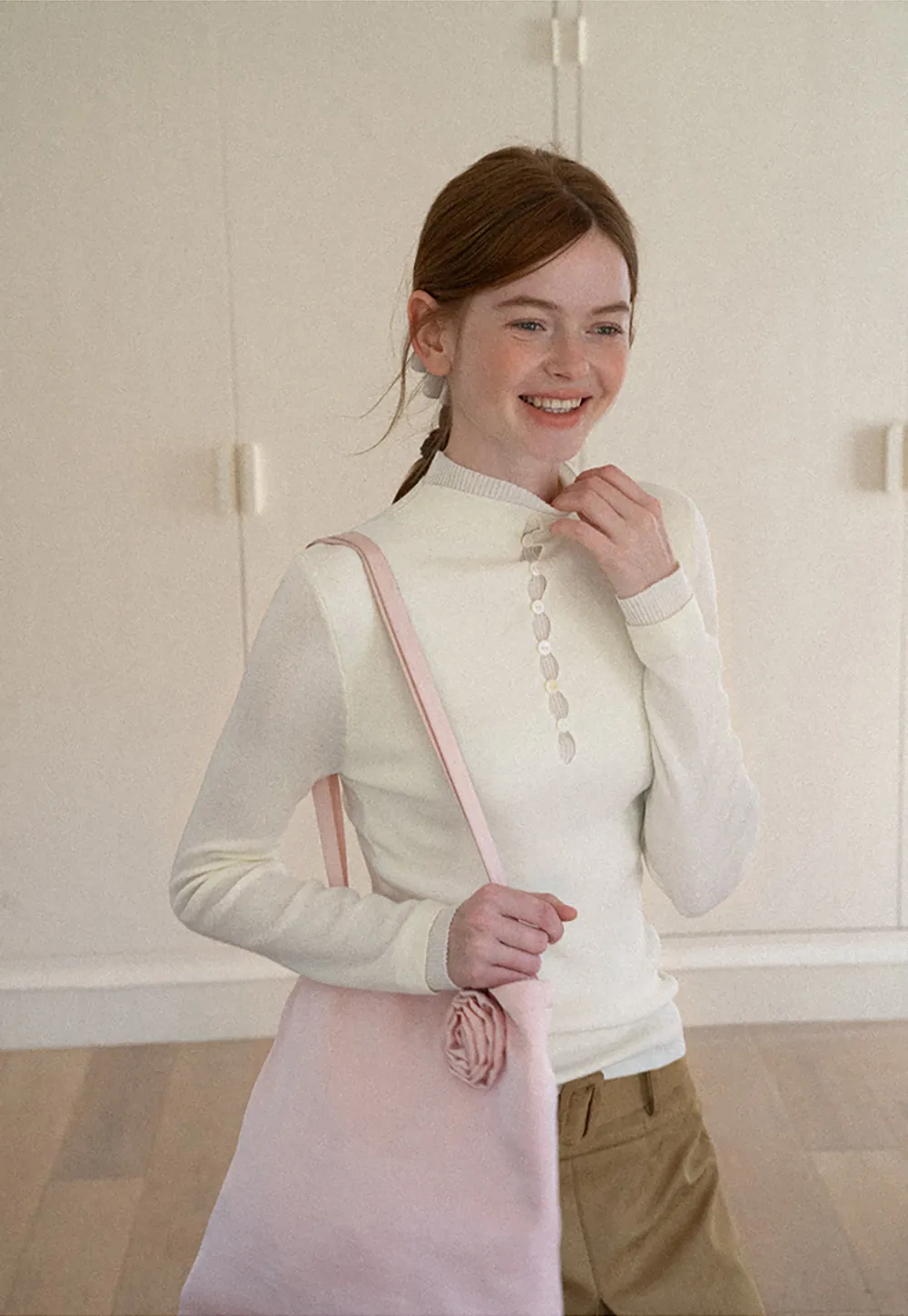 Button Placket High Neck Long Sleeve Knit Sweater
