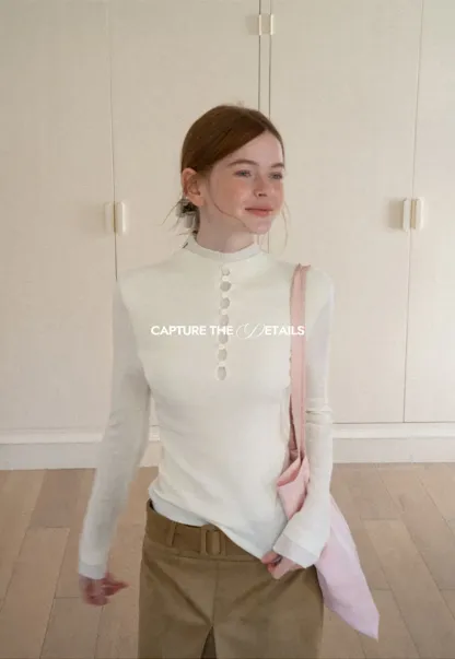 Button Placket High Neck Long Sleeve Knit Sweater