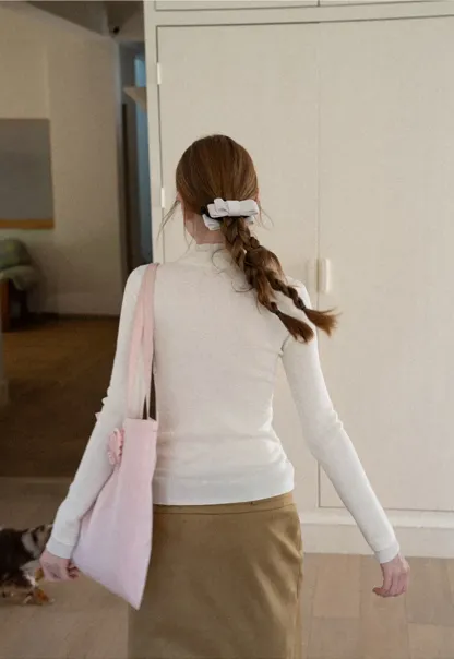 Button Placket High Neck Long Sleeve Knit Sweater
