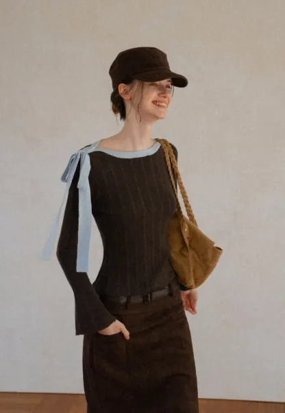 Ribbed Knit Sweater with Bow Shoulder Detail