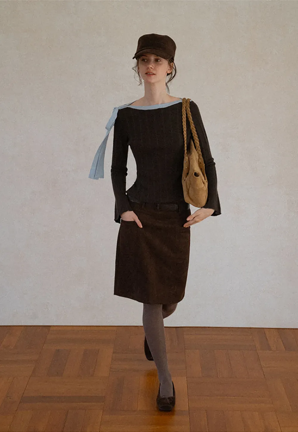 Ribbed Knit Sweater with Bow Shoulder Detail