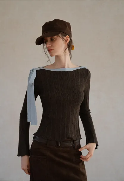 Ribbed Knit Sweater with Bow Shoulder Detail