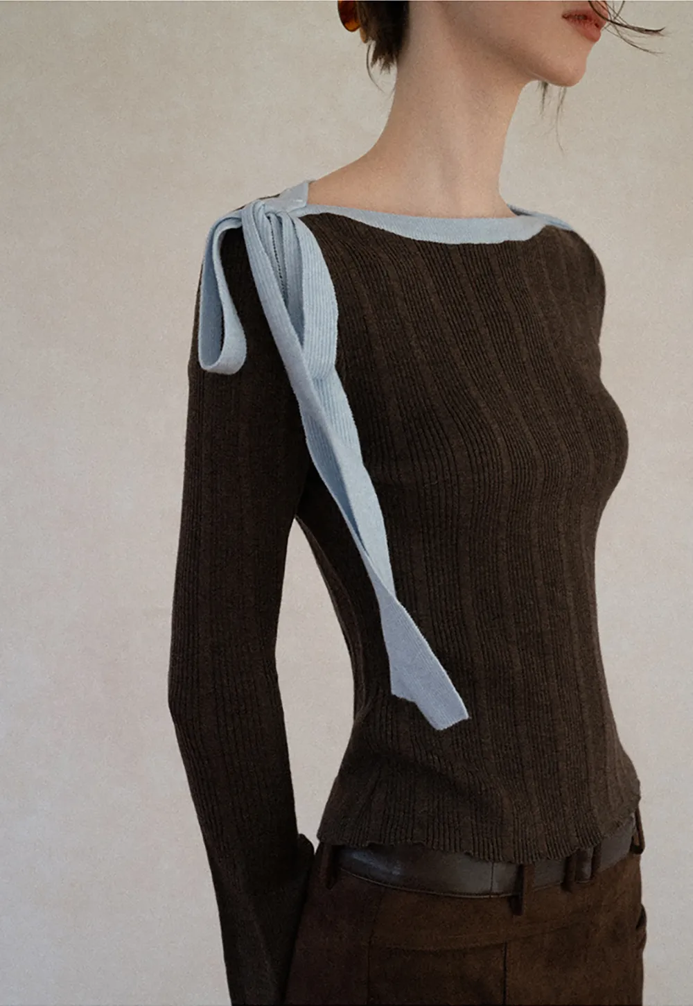 Ribbed Knit Sweater with Bow Shoulder Detail