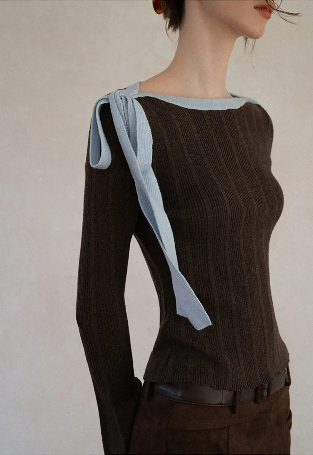 Ribbed Knit Sweater with Bow Shoulder Detail