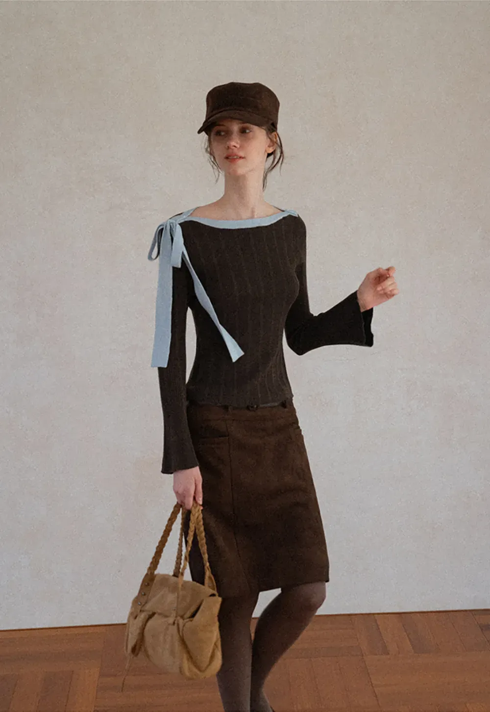 Ribbed Knit Sweater with Bow Shoulder Detail