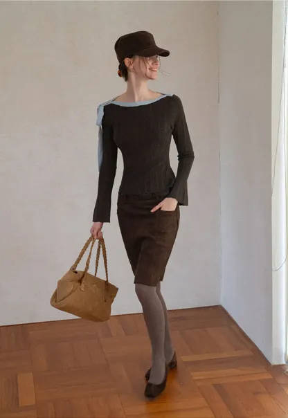 Ribbed Knit Sweater with Bow Shoulder Detail
