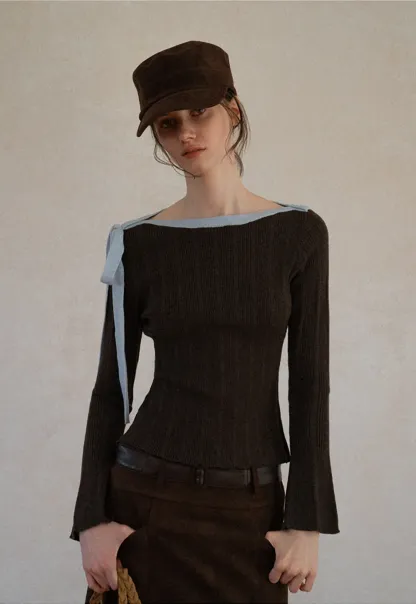 Ribbed Knit Sweater with Bow Shoulder Detail