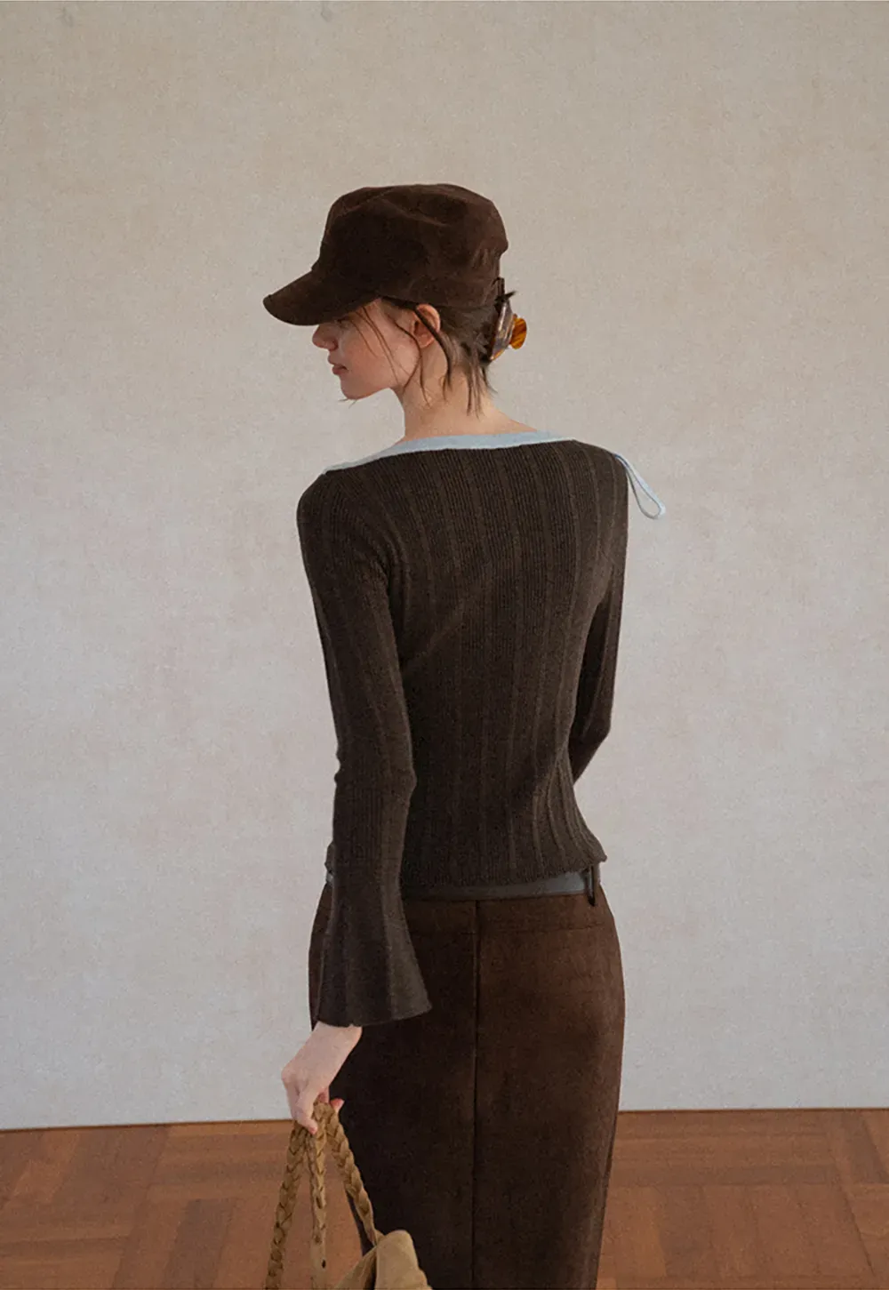 Ribbed Knit Sweater with Bow Shoulder Detail