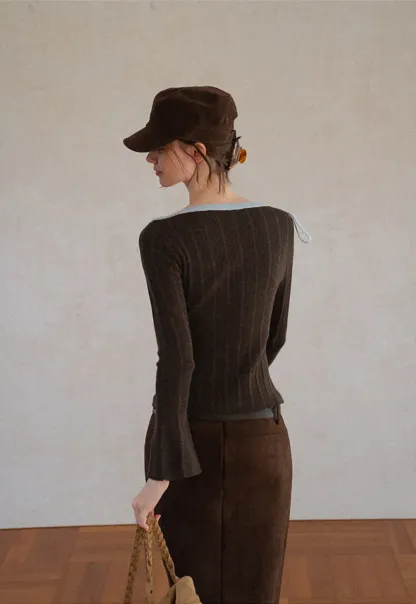 Ribbed Knit Sweater with Bow Shoulder Detail