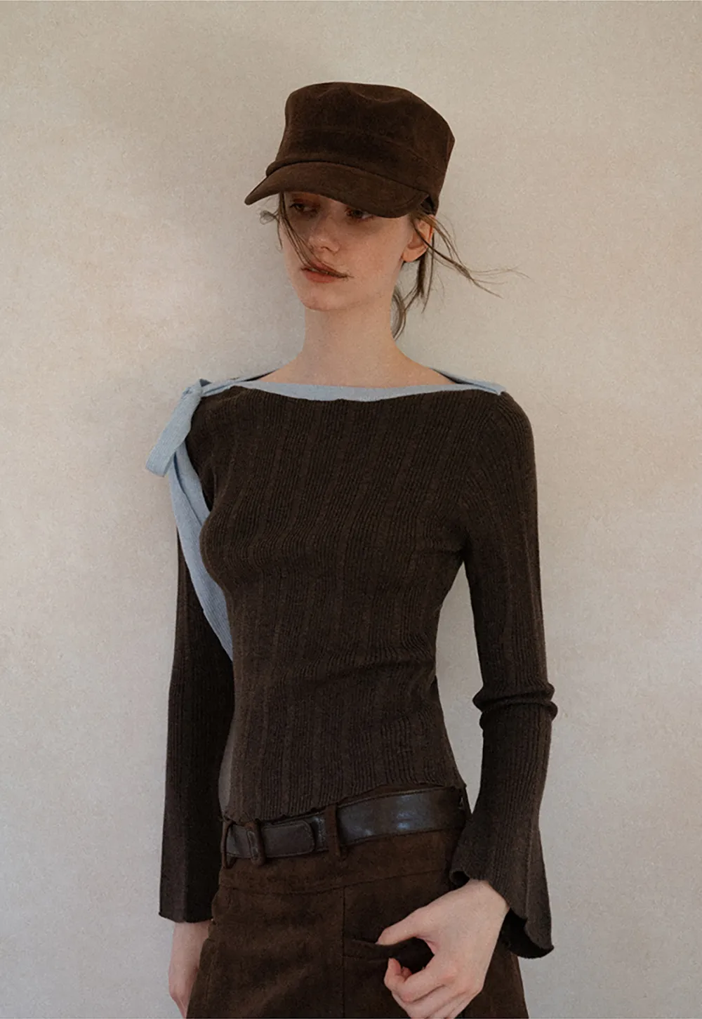 Ribbed Knit Sweater with Bow Shoulder Detail