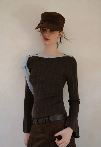 Ribbed Knit Sweater with Bow Shoulder Detail