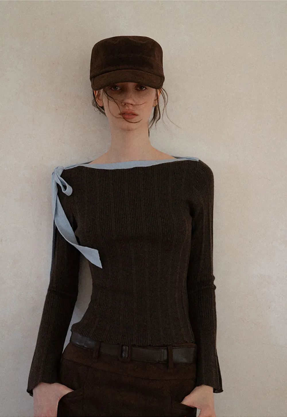 Ribbed Knit Sweater with Bow Shoulder Detail
