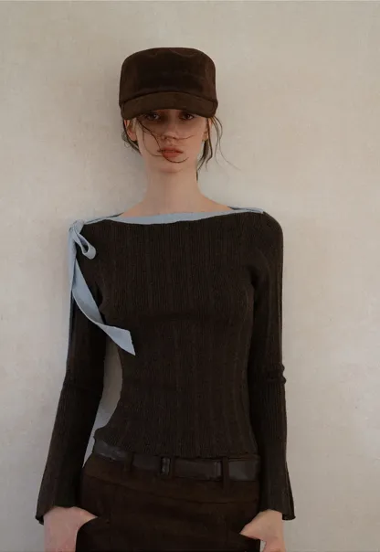 Ribbed Knit Sweater with Bow Shoulder Detail