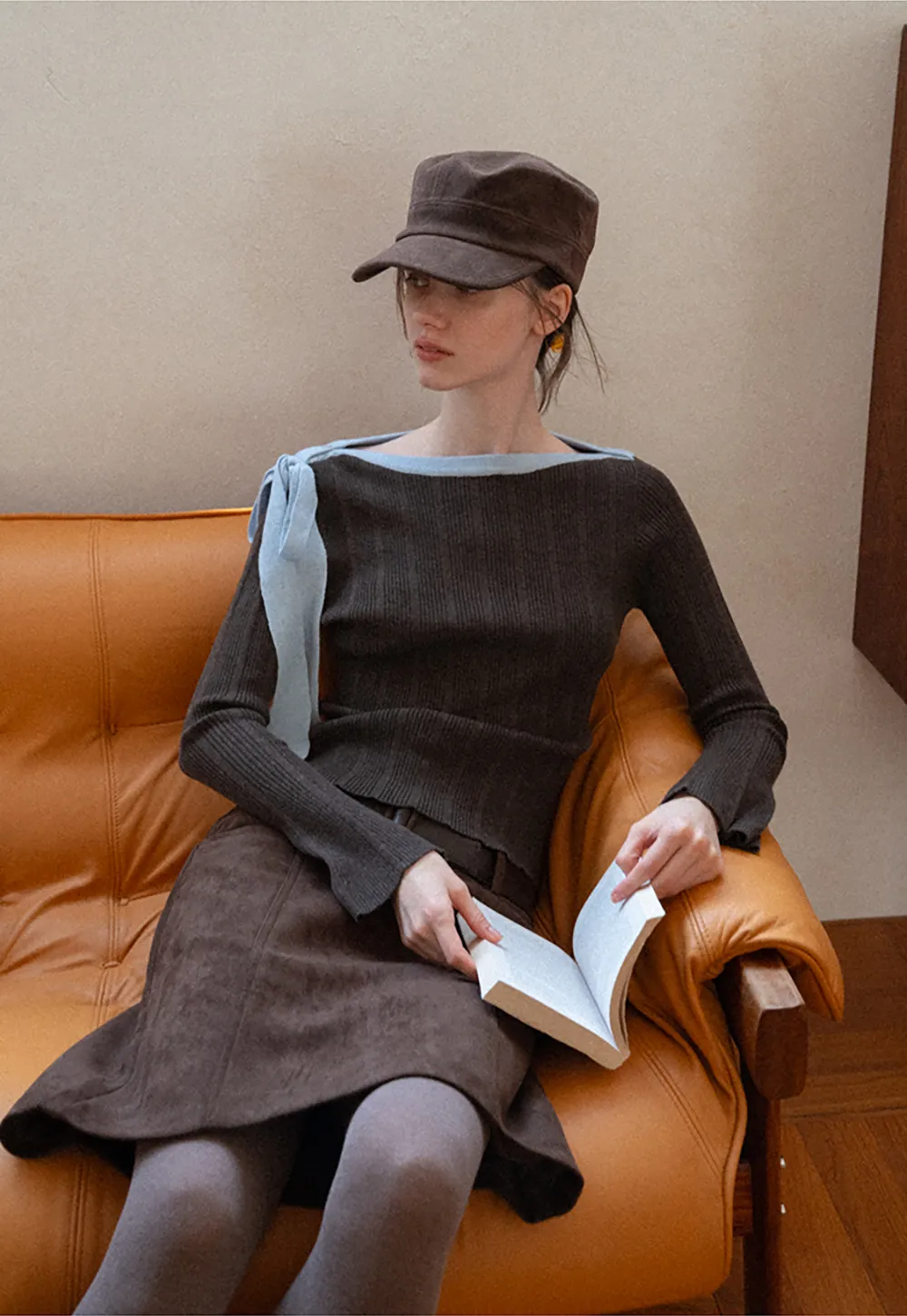 Ribbed Knit Sweater with Bow Shoulder Detail