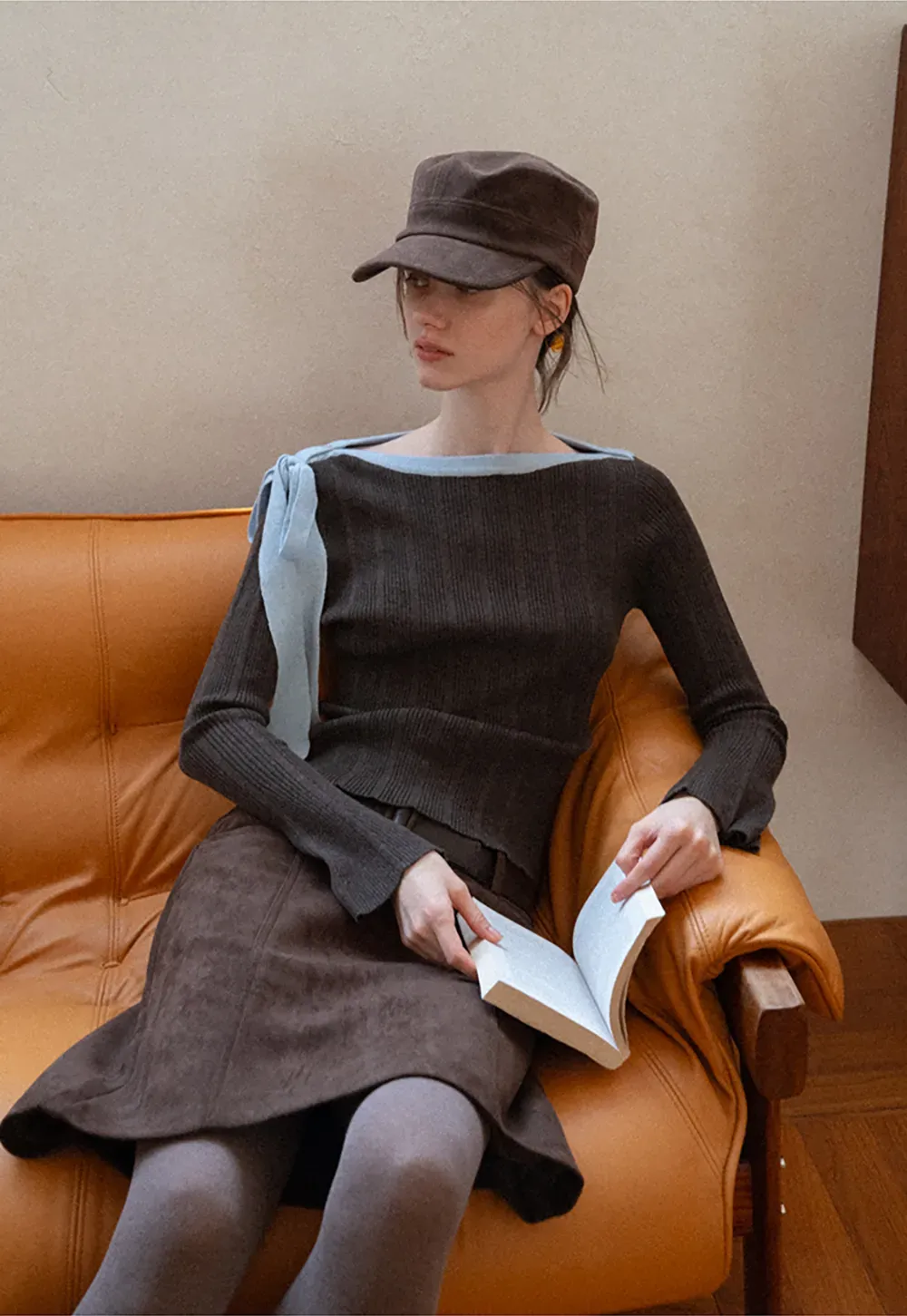 Ribbed Knit Sweater with Bow Shoulder Detail