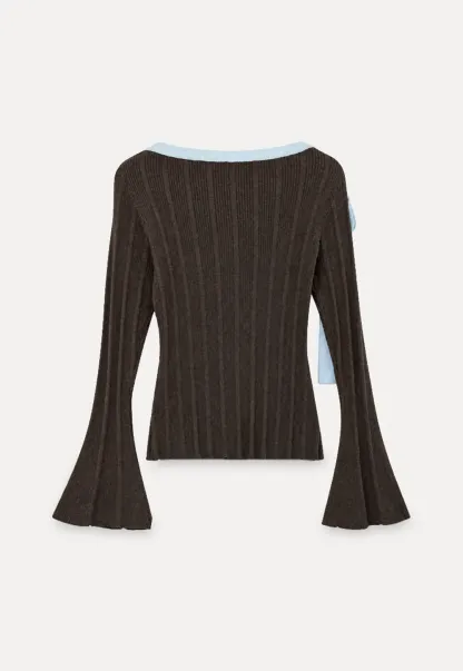 Ribbed Knit Sweater with Bow Shoulder Detail