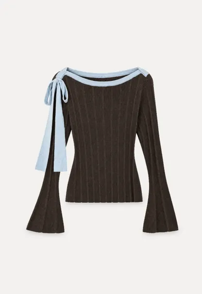 Ribbed Knit Sweater with Bow Shoulder Detail
