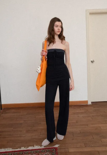 Tube Top with Drawstring Waist and Wide Leg Casual Pants