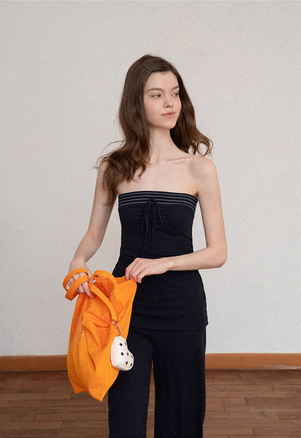 Tube Top with Drawstring Waist and Wide Leg Casual Pants