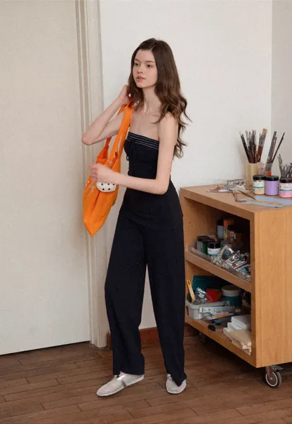 Tube Top with Drawstring Waist and Wide Leg Casual Pants
