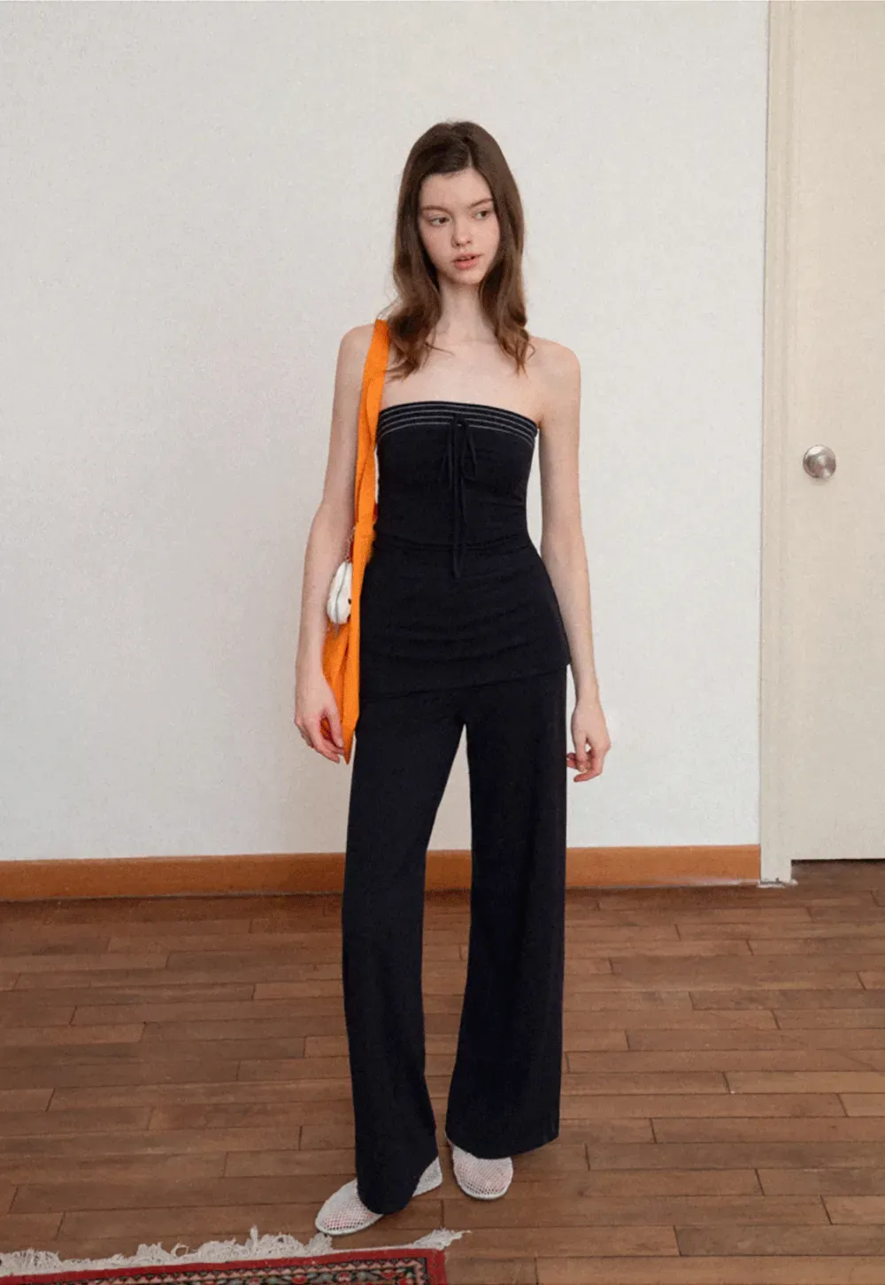 Tube Top with Drawstring Waist and Wide Leg Casual Pants