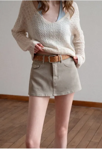 High Waist Denim Mini Skirt with Belt Loop