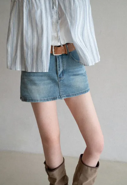 High Waist Denim Mini Skirt with Belt Loop