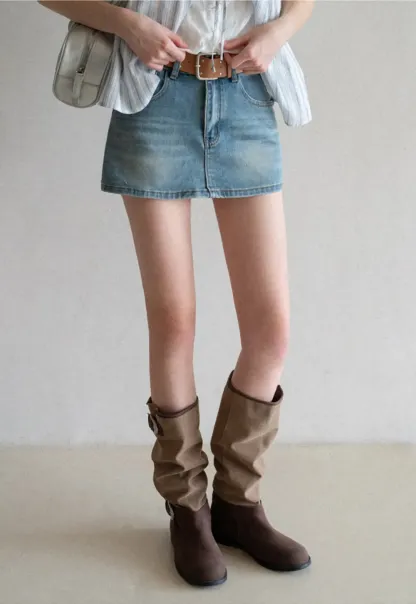 High Waist Denim Mini Skirt with Belt Loop