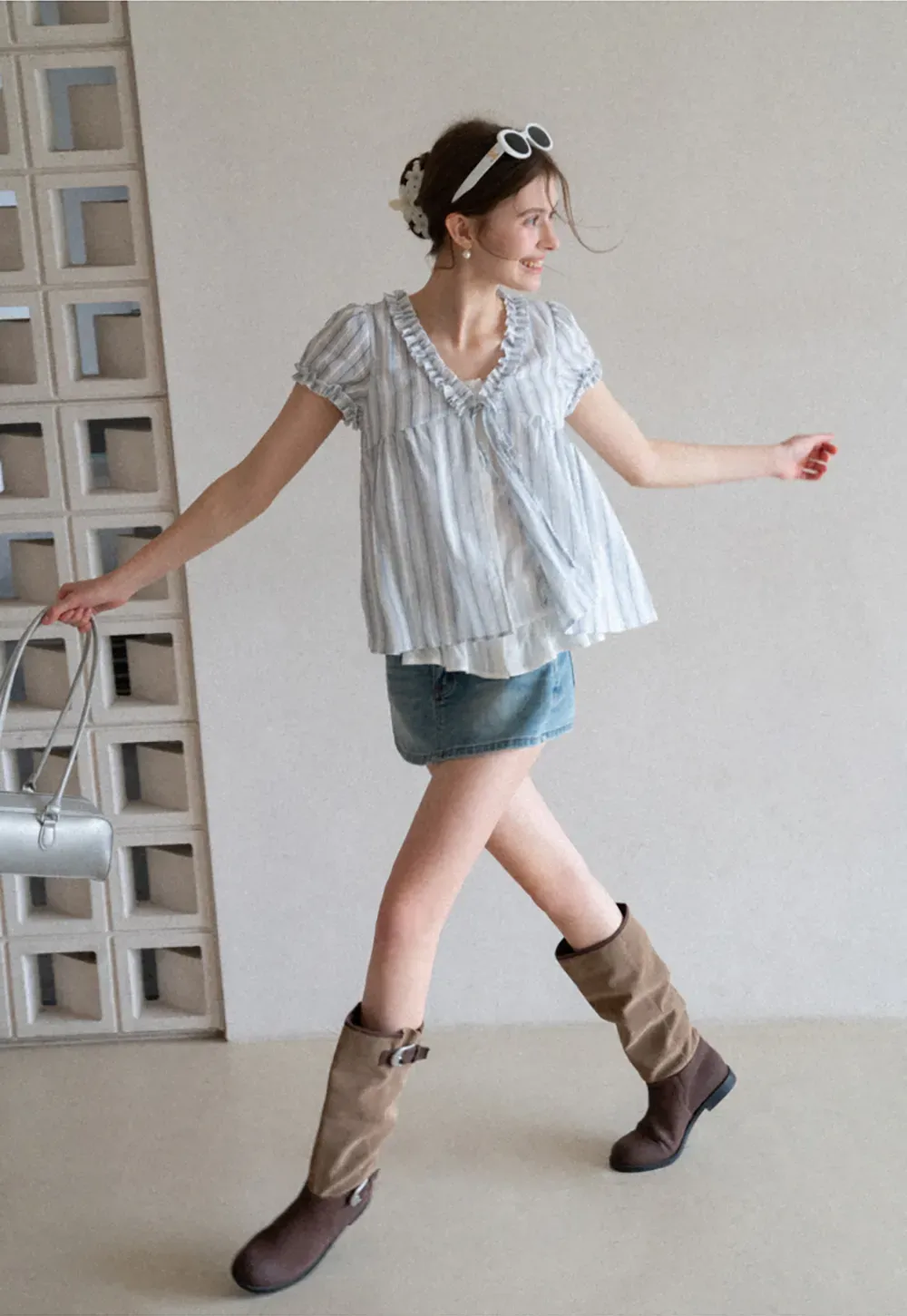 High Waist Denim Mini Skirt with Belt Loop