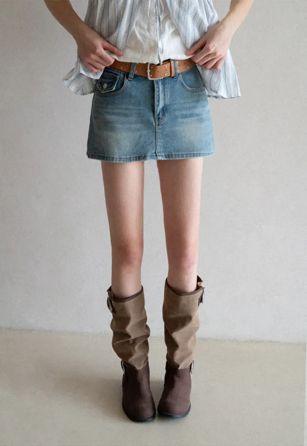 High Waist Denim Mini Skirt with Belt Loop