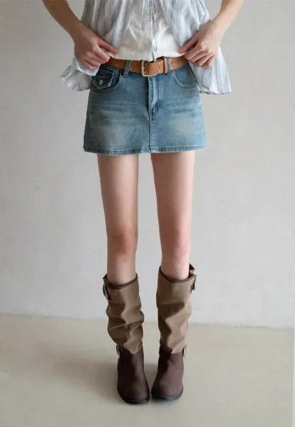 High Waist Denim Mini Skirt with Belt Loop