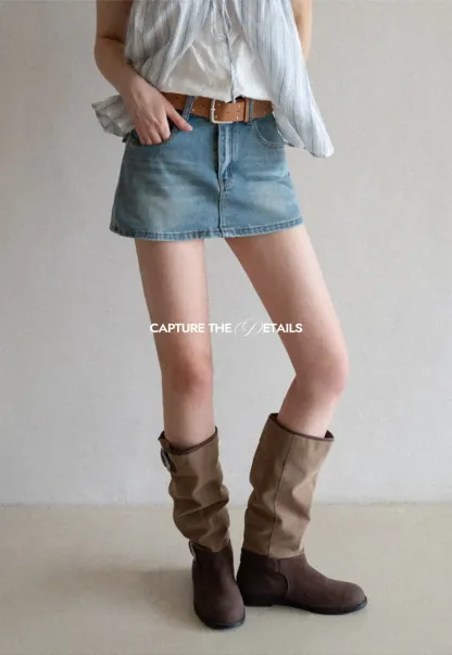 High Waist Denim Mini Skirt with Belt Loop