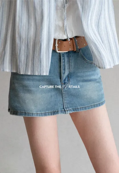 High Waist Denim Mini Skirt with Belt Loop