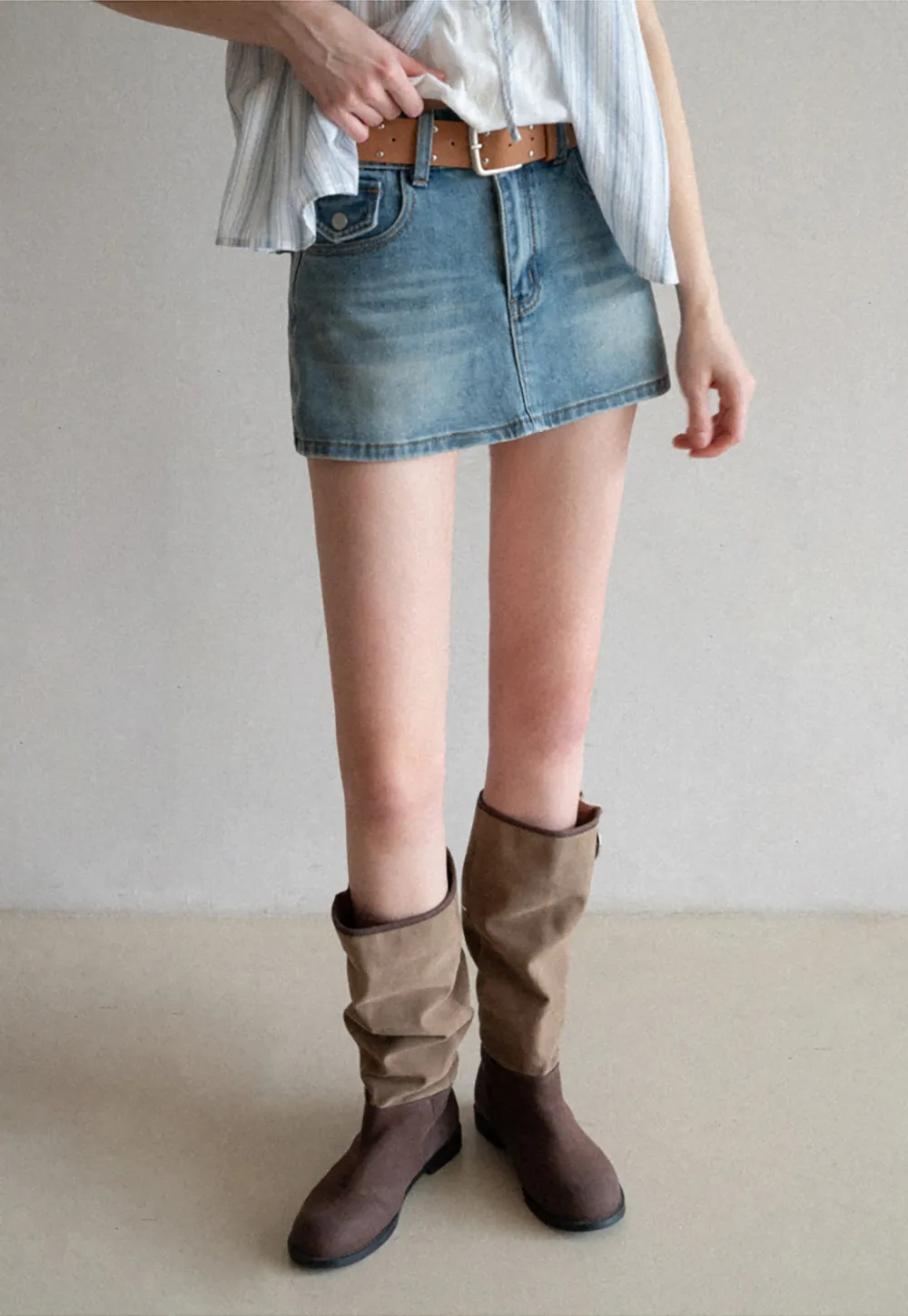 High Waist Denim Mini Skirt with Belt Loop