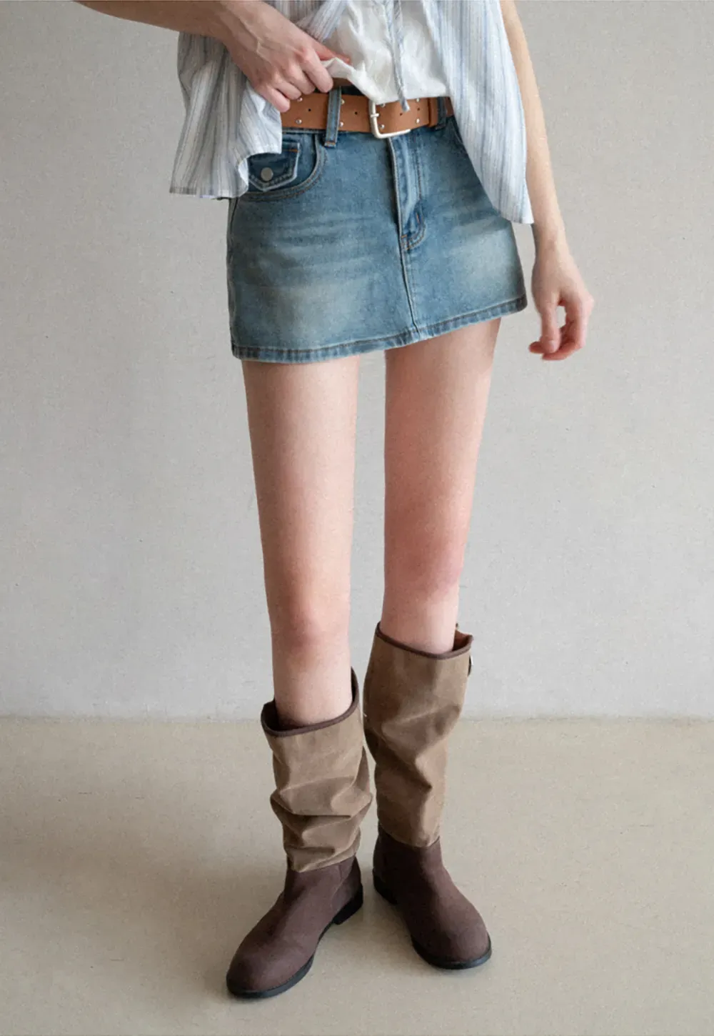 High Waist Denim Mini Skirt with Belt Loop
