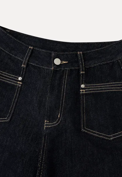 Wide leg cropped denim pants with contrast stitching