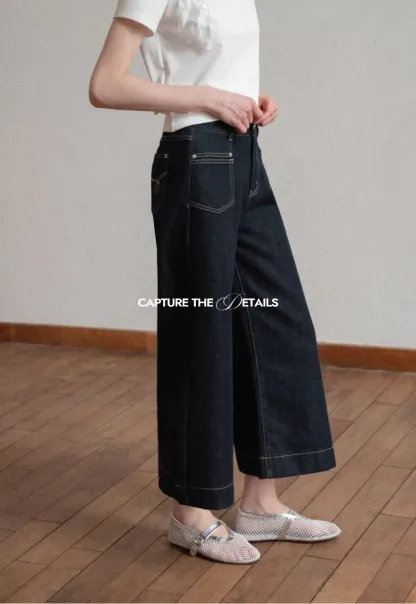 Wide leg cropped denim pants with contrast stitching