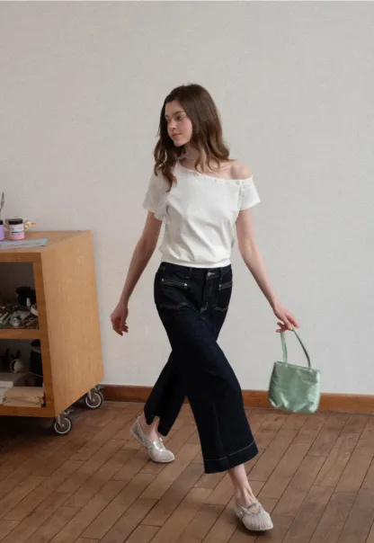 Wide leg cropped denim pants with contrast stitching