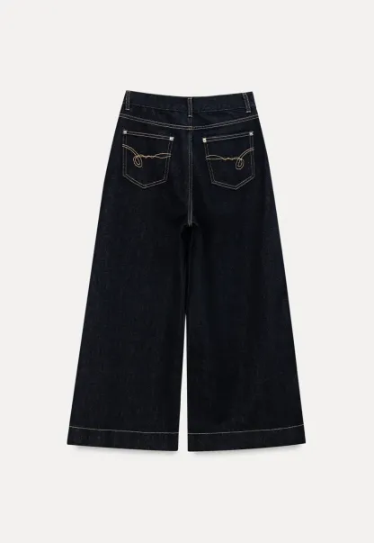 Wide leg cropped denim pants with contrast stitching