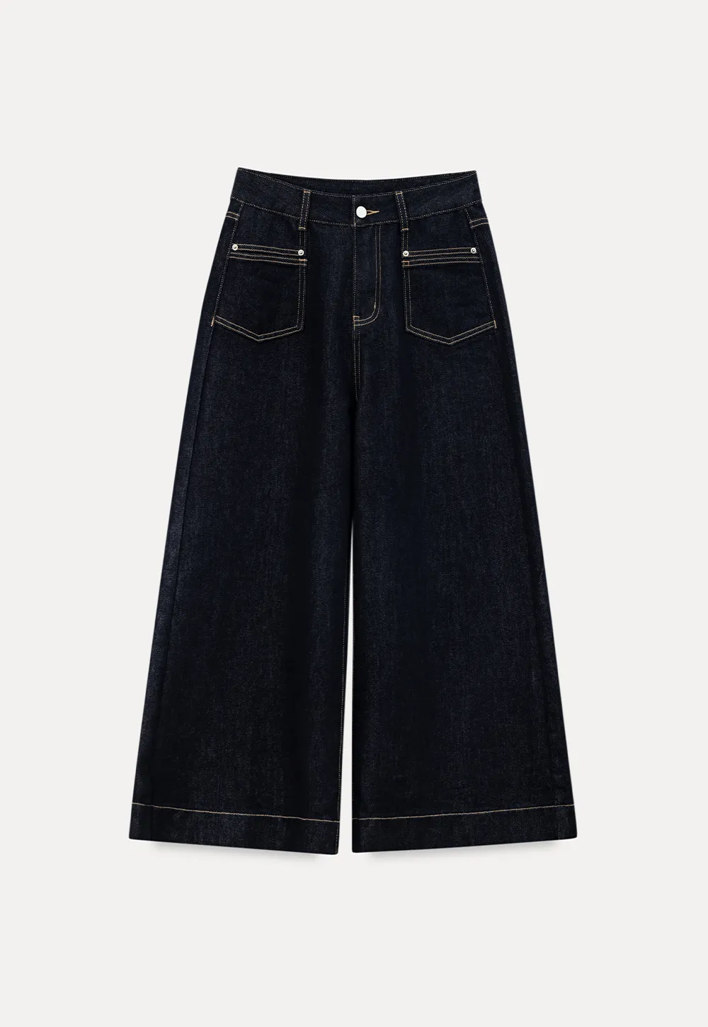 Wide leg cropped denim pants with contrast stitching