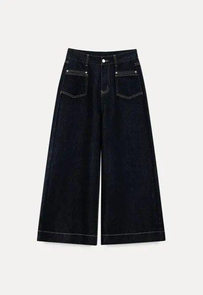 Wide leg cropped denim pants with contrast stitching
